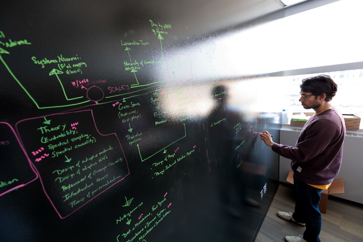 arjun-raman-diagramming-system picture of Dr. Arjun Raman in his office writing on a blackboard